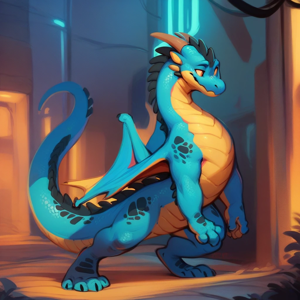feral, dragon, solo, scalie, anthro, male, hi res, black body, neon blue body, antrho, standing, digital media (artwork),