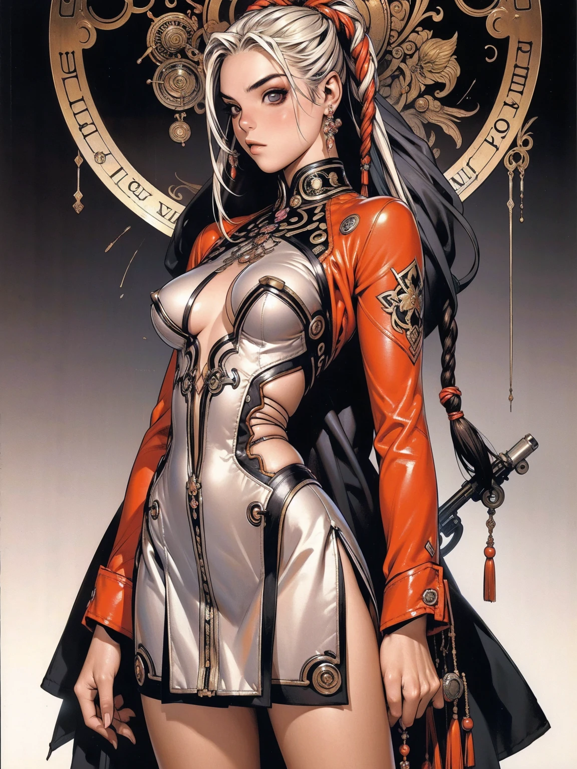 (((skirtlift))), (((best final quality))), ssmile(((standing alone:1.2))),(((1 girl:1.2))),((((beautiful perfect woman)))),(((perfectbody detalhado, perfect finger detailed))),((((((final film poster)))))),(((ornate dress))),((((detailed complicated machine)))),(((((mechanical genius))))),(((American comics))),(((extreme highlights))),(((extremely colorful, primary colours))),neckleace, super beautiful lady,(((Typography))),text, (Unbeatable masterpiece), (hiper HD),(CG 8k hyper-realistic), (((brave face))), (((breasts big))), (((hyper feminine))), (((musclegirl))), sexly girl, king of fighter,(straight hair with thin braids)), ((( sculptural body ))), (((1 girl))), garota de 25 anos com perfectbody,,Beautiful and well-groomed face,muscular body:1.2,solid color detailed jacket, (Head to thigh photos), Complex equipment, (((standing alone))), pirralha violent, ((())), sexly, pose de atitude, work of art, post-apocalypse, (((manga style))), bounty hunter, violent, Manic, the way you want, slenderbody, thin but strong, perfectbody, roupa moderna, advanced technology, neon, sleeves with vertical striped pattern, intricate background, (( cowboy shot )). intricate visual