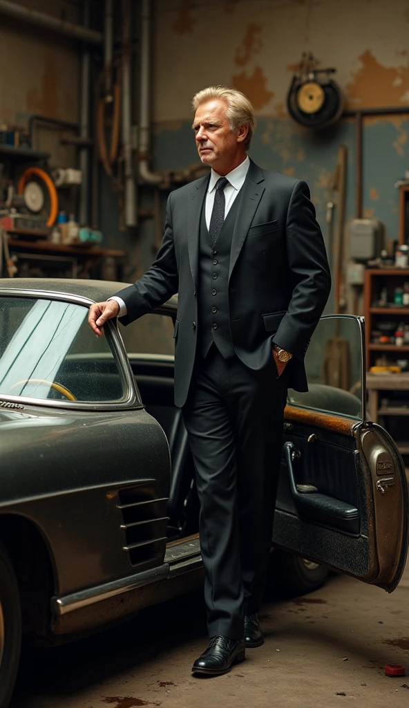 Middle , blonde buisnessman, tall, getting of his classic car, wearing black elegant suit, shiny gold watch, old and dirty garage, mechanic tools in garage