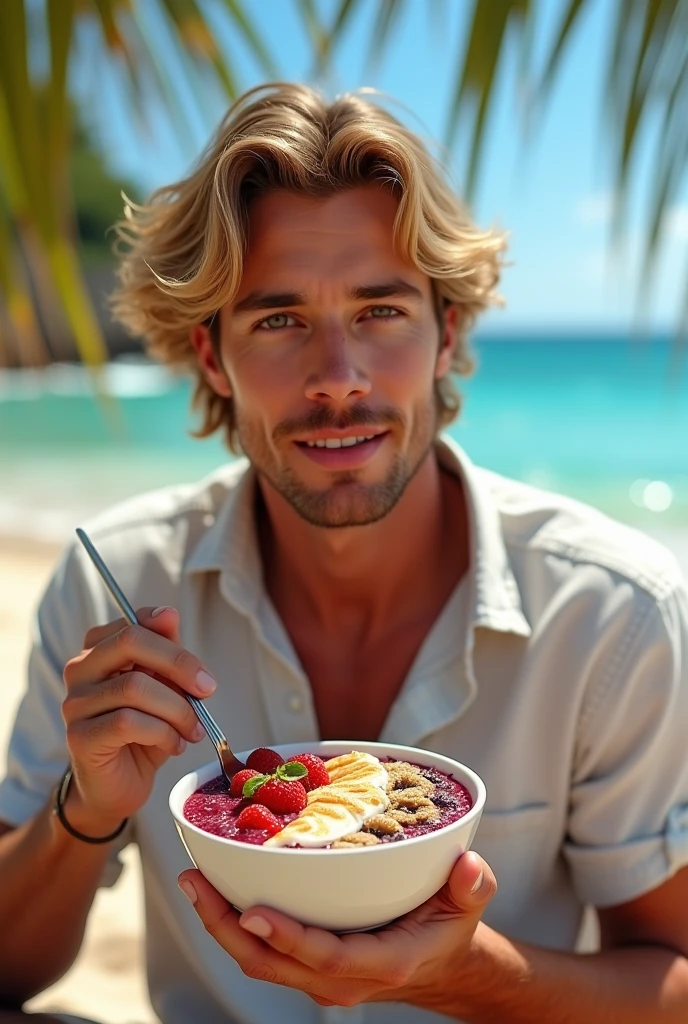 Man aged 25 to 35, at beach , salmonete, brown eye eating acai in the park, ultra HD, high qualiy, best qualityer, high resolution, 8k, 16K