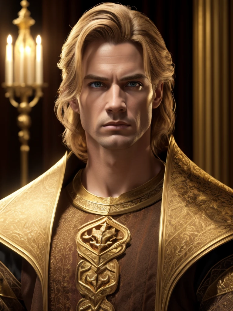 1 man, inside a golden castle, wearing a medieval king's outfit with golden colors, detailed facial features, beautiful brown eyes, detailed light skin, short reddish-blonde hair, strong malevolent expression, dramatic lighting, cinematic composition, cold and dark color palette icy, atmospheric fog, thin chin, smooth male posture (best quality, 4K, 8K, high resolution, art: 1.2), ultra-detailed, (realistic, photorealistic, photorealistic: 1.37)