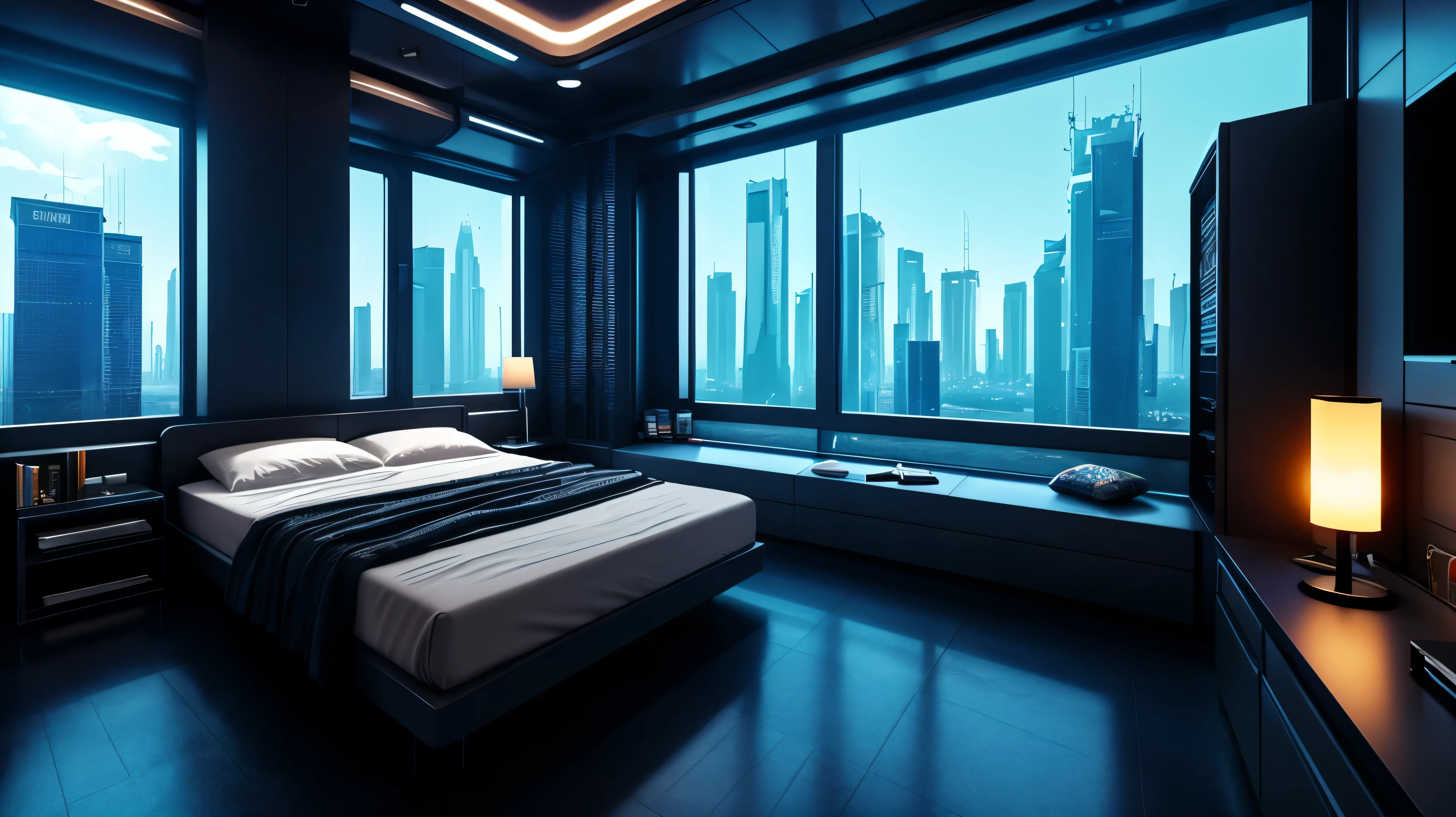 scifi, cyberpunk, clean, futuristic, bedroom, hightech, daylight, cozy, much space, wide angle