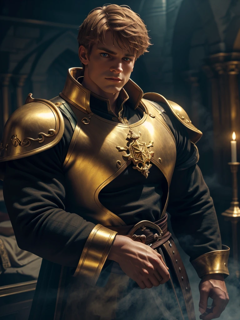 1 man, inside a golden castle, wearing a medieval king's outfit with golden colors, detailed facial features, beautiful brown eyes, detailed light skin, short reddish-blonde hair, strong malevolent expression, dramatic lighting, cinematic composition, cold and dark color palette icy, atmospheric fog, thin chin, smooth male posture (best quality, 4K, 8K, high resolution, art: 1.2), ultra-detailed, (realistic, photorealistic, photorealistic: 1.37)