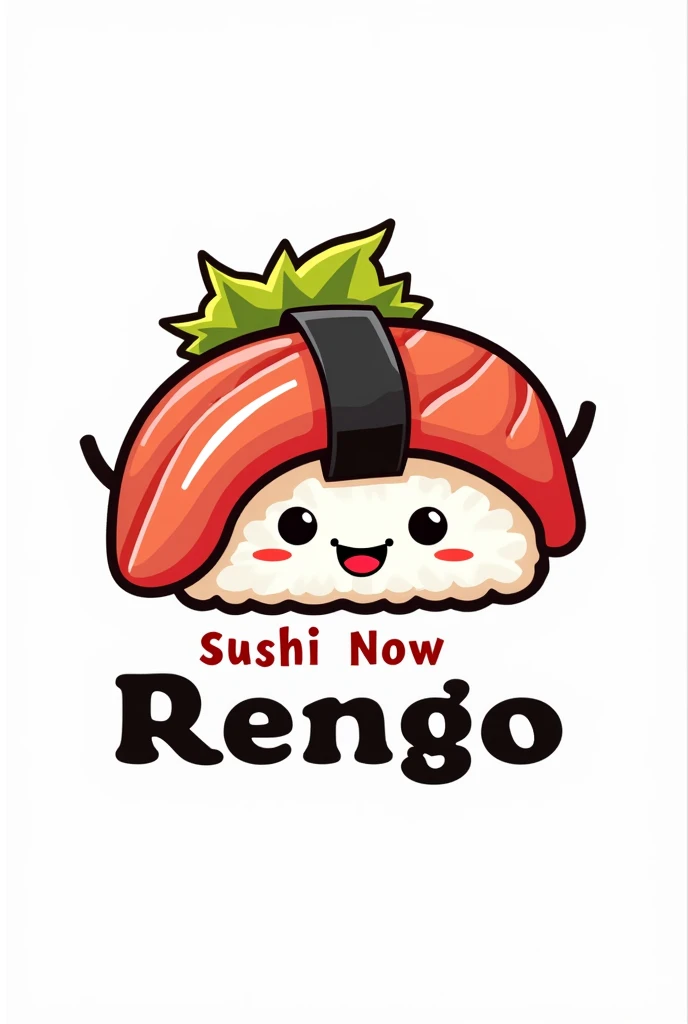 logo for sushi place, The logo must have a happy piece of sushi and the text must say SUSHI NOW RENGO which is the name of the establishment., must have red colors, black and yellow with white background