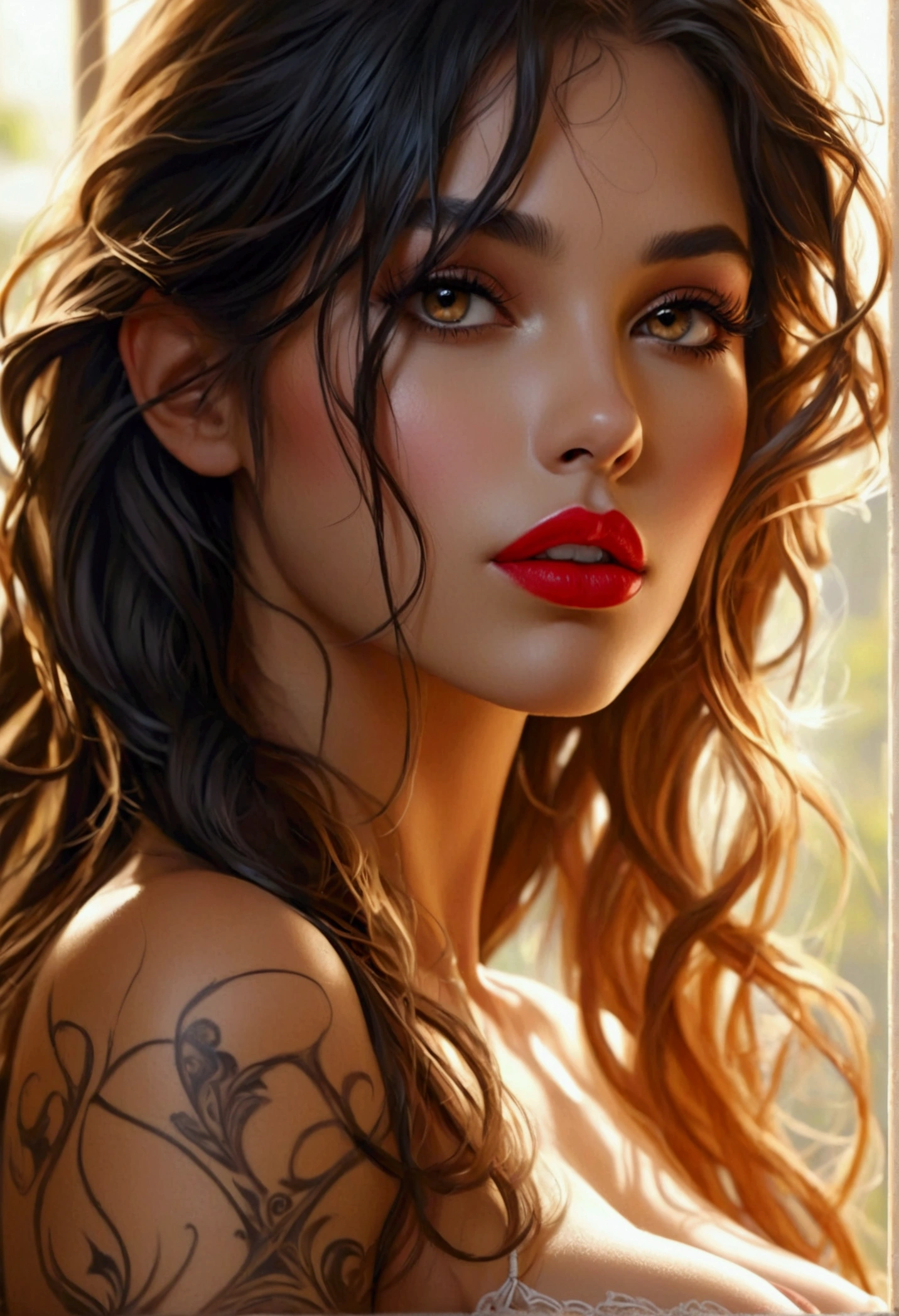 Create a full body image of the most stunningly gorgeous beautiful perfect young sexy young daughter of lucifer, high detailed sexy stunning feminine face, perfect makeup, sexy seductive lips, lipstick, beautiful perfect hour glass body figure, long flowing hair, gigantic natural perky breasts, detailed silky smooth skin, nude, lace thong, hyper detailed perfect nipples, full body view,