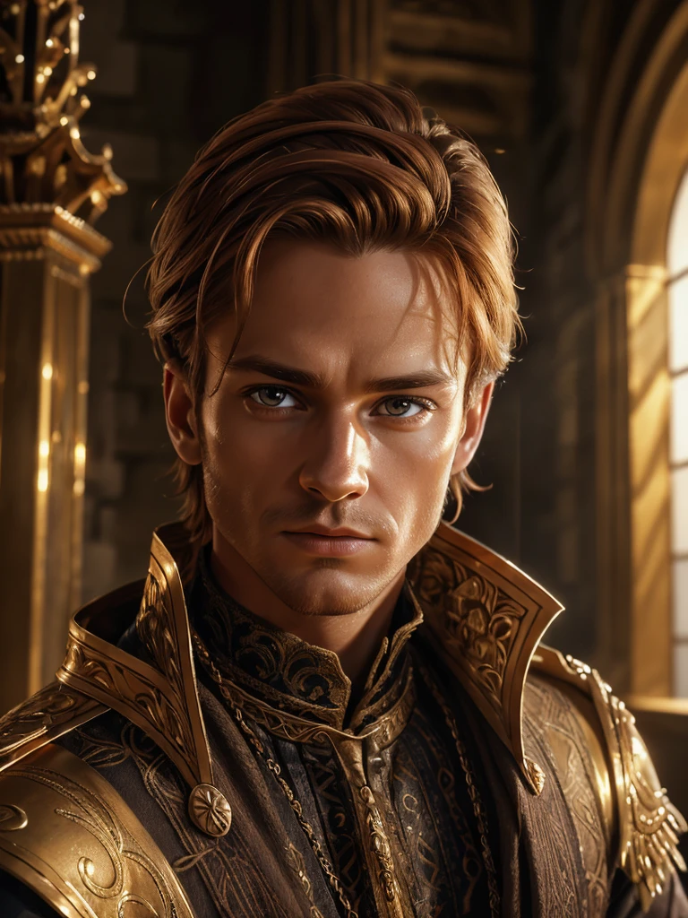 1 man, inside a golden castle, wearing a medieval king's outfit with golden colors, detailed facial features, beautiful brown eyes, detailed light skin, short reddish-blonde hair, strong malevolent expression, dramatic lighting, cinematic composition, cold and dark color palette icy, atmospheric fog, thin chin, smooth male posture (best quality, 4K, 8K, high resolution, art: 1.2), ultra-detailed, (realistic, photorealistic, photorealistic: 1.37)