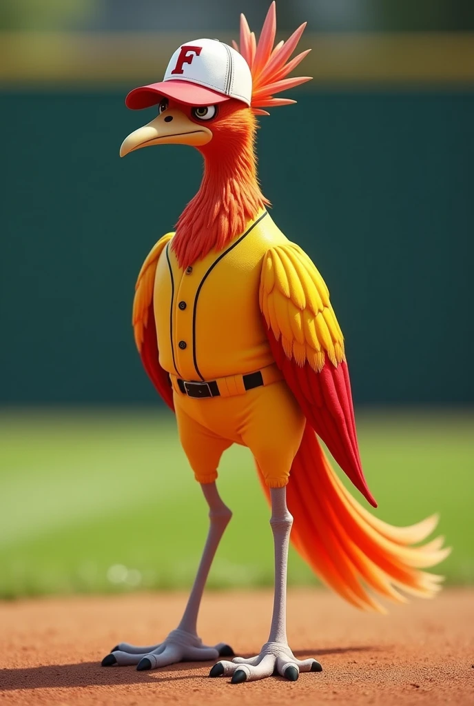 Full image of a thin phoenix bird with a yellow baseball uniform and a white cap with red and a letter F and ready to bat