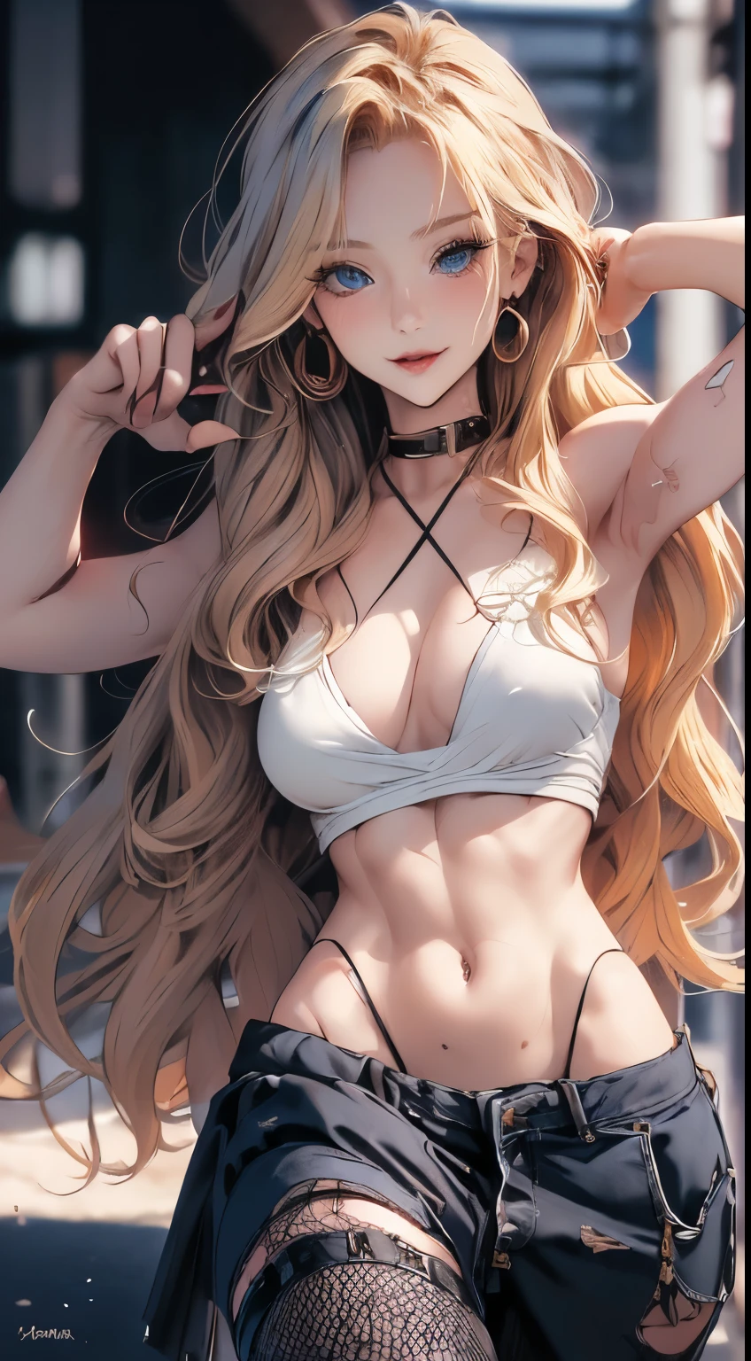 masterpiece, highest quality, pixiv, cooles Girl, topless, (((Close up POV full body portrait, sexy seductive slutty pose:1.2))), Lips in love, blonde hair, curly blonde hair ,pony tail, blunt bangs, straight bangs, blue eyes, White skin, Girl, improve,Look at the Beholder, smile,
