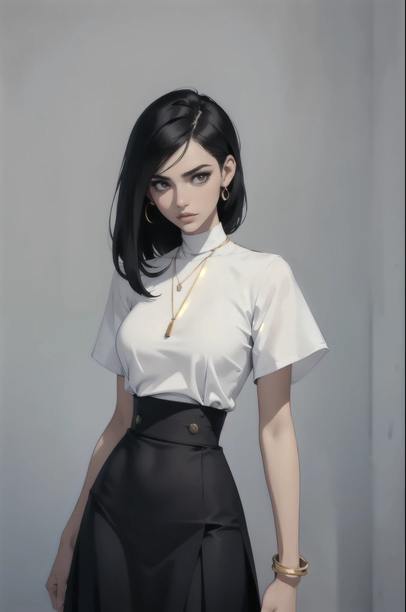 topete, mascara, Lips are soft or colored, fundo preto simples, minimalismo, monotonous, paletas de cores vivas, limpo, Crisp drawings, silhuetas fluidas, Streetwear skirts and pants, asymmetric, geometric, Simple and minimalist accessories, Designs diferentes,  silhuetas simples, estilo de rua, moda urbana, fundo liso, simple lighting, moda moda urbana, Folha de modelo