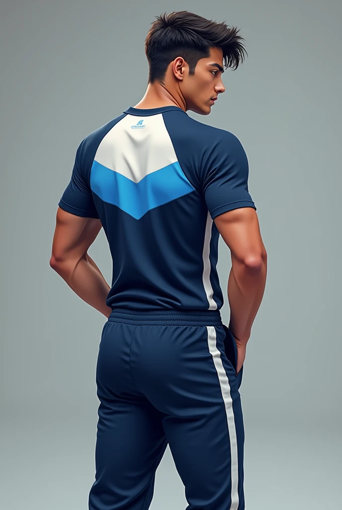 male cheerleading uniform colors: Navy blue, light blue and white shirt: short sleeve, hombros Navy blue
pecho blanco y azul claro
pantalón: semi holgado Navy blue