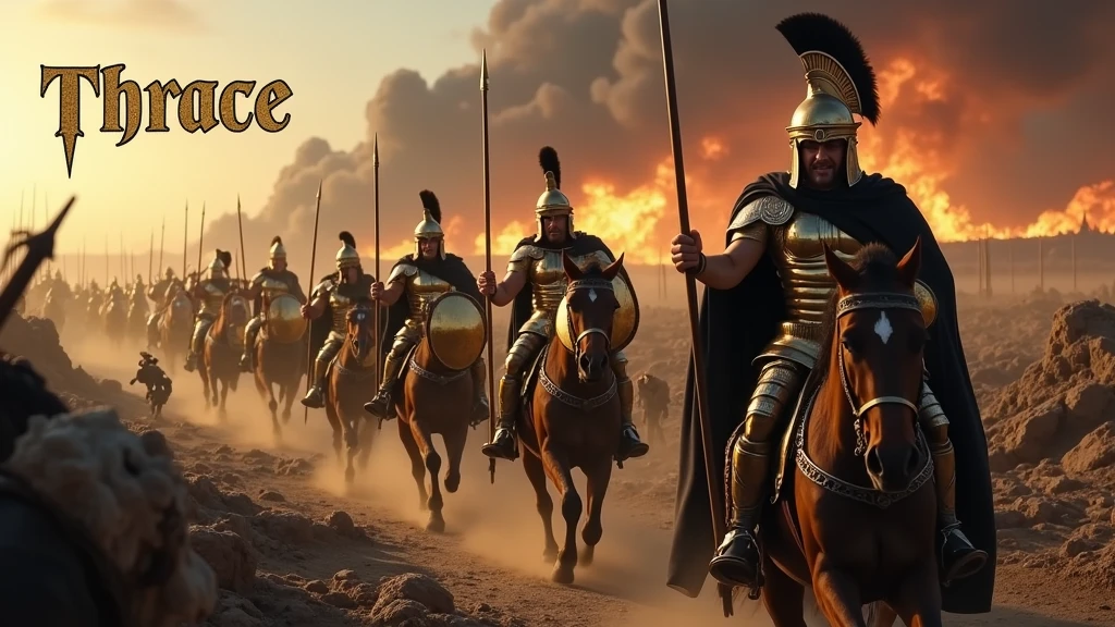 ( photographie ; ultra-réaliste ; ultra-détailé ) Armée de thrace dans la grèce antique portant des armures dorées reflétant la lumière, des tissus noirs, munie de leurs lances d'argents et leurs bouclier dorés, ils chargent vers les ennemies à pied ou à cheval, sur un champ de bataille apocalyptique dévasté, jonché de cadavres. En arrière plan on aperçoit la ville de Troies en feu. Il est écrit "Thrace" dans le ciel en lettre gothique
