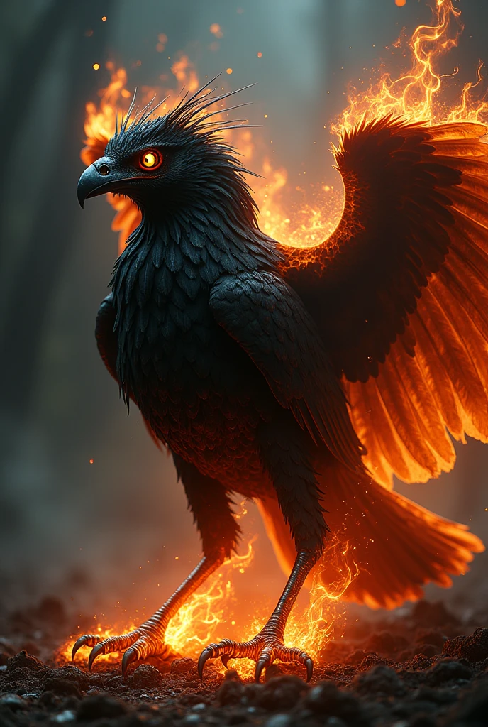Macabre bird with flaming feathers