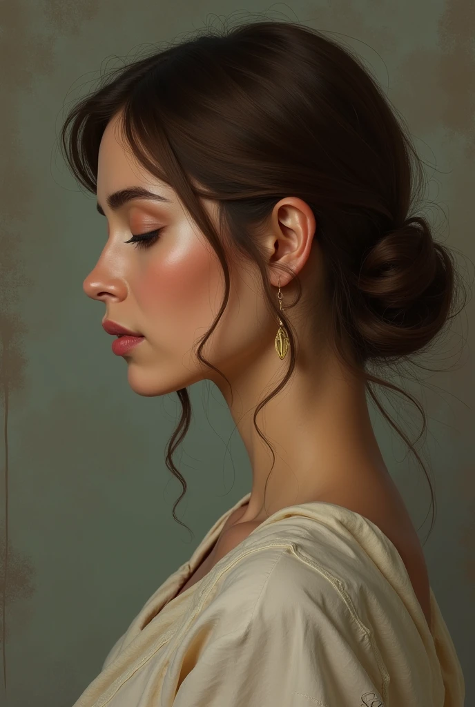 Woman in profile with brown eyes, brown blond hair, not too long, closed face with a Persian look 