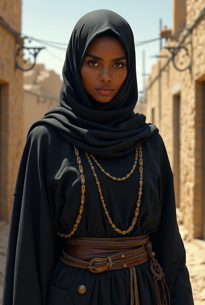 described as a strong and determined woman, representing a model of authority and conformity to traditional norms., but you can imagine that he has typical features of the traditional Arab culture region in the West Bank with dark skin, dark eyes, and traditional clothing that covers most of their body