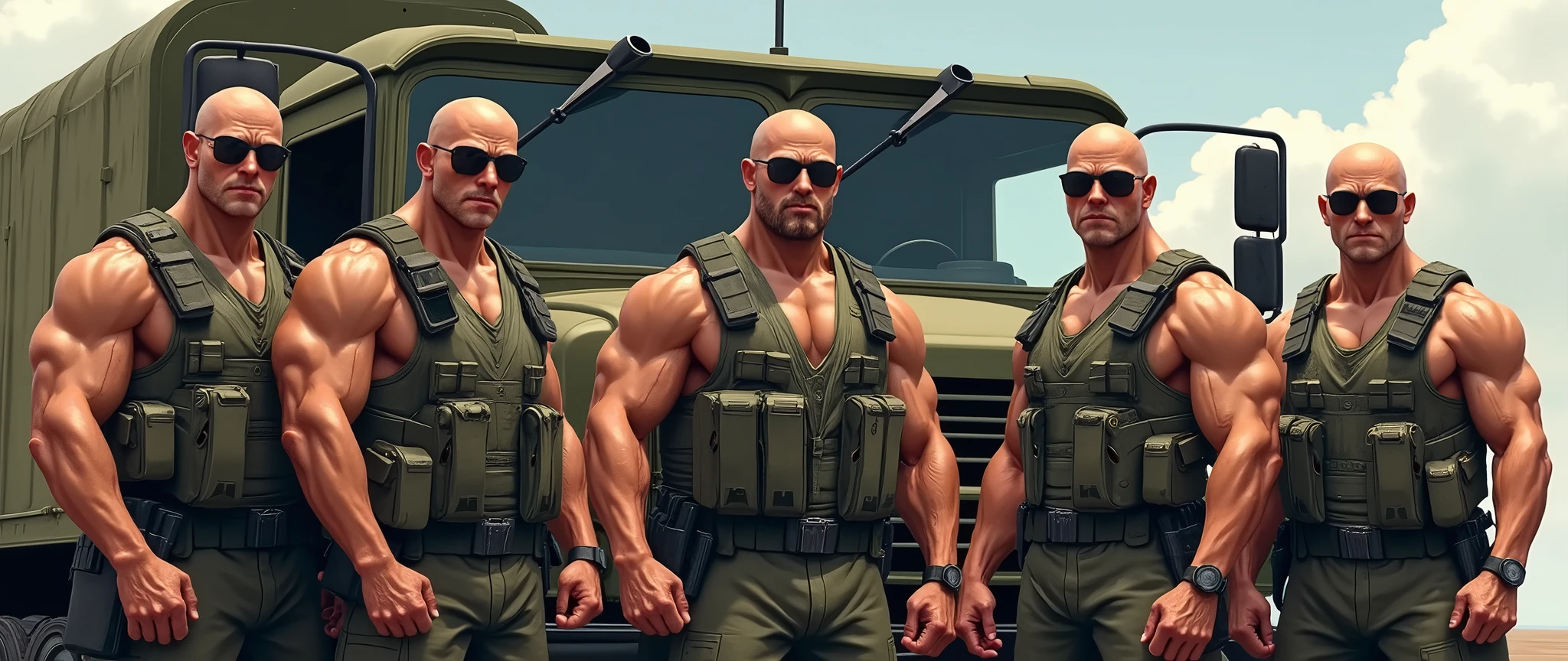 4k ((best quality)), ((masterpiece)), (detailed), hd, realistic face very muscular bald male soldiers full body stand by military truck sunglass,