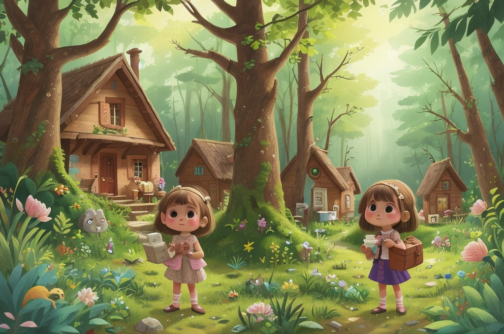 A curious  named Lila lives in a small village surrounded by a dense forest.[[long shot view]] best quality, masterpiece, beautiful and aesthetic, vibrant color, Exquisite details and textures,  Warm tone, ultra realistic illustration,	(cute European girl, 5year old:1.5),A curious  named Lila lives in a small village surrounded by a dense forest