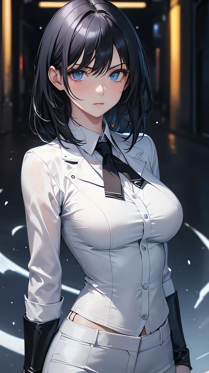 (Highest quality)), Ultra-high resolution,Adult women, alone, sexy, (Serious expression), (Blue eyes), Beautiful and symmetrical face, (Black cut medium hair),White formal shirt,Black suit pants,Realistic:1.4,Realistic:1.4,Night Alley,(masterpiece:1.2),Perfect Eyes,Perfect Eyes,Ample breasts