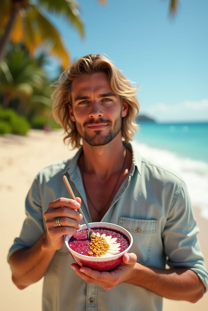 Man aged 25 to 35, at beach , salmonete, hair blonde, brown eye eating acai in the park, ultra HD, high qualiy, best qualityer, high resolution, 8k, 16K