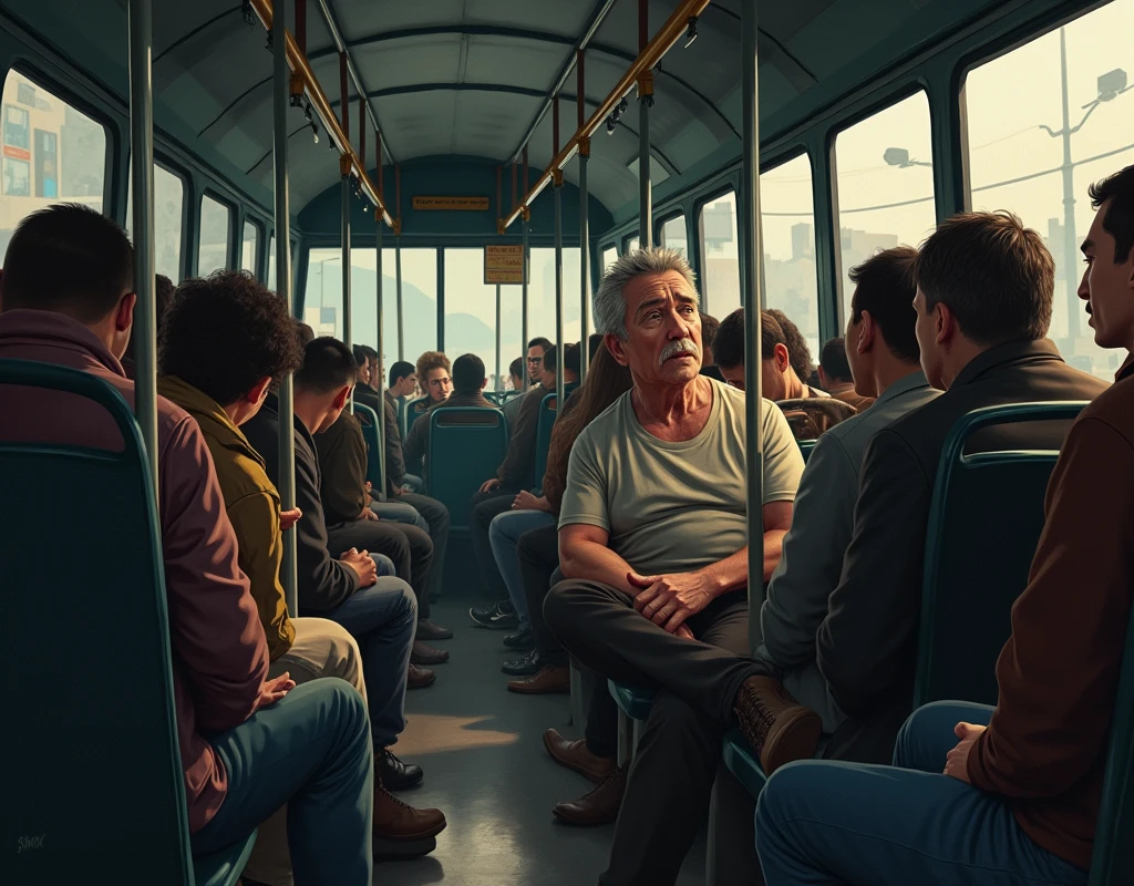 Make an illustration. A crowded bus, with a passenger (Chico Mão Leve) visibly cramped, crossing his legs and with a desperate expression, begging the driver to stop.