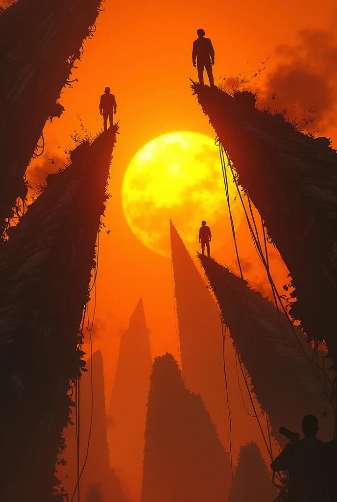 Buildings in apocalyptic POS world with huge leanas and people standing sliding , all in flames in an orange sunset
