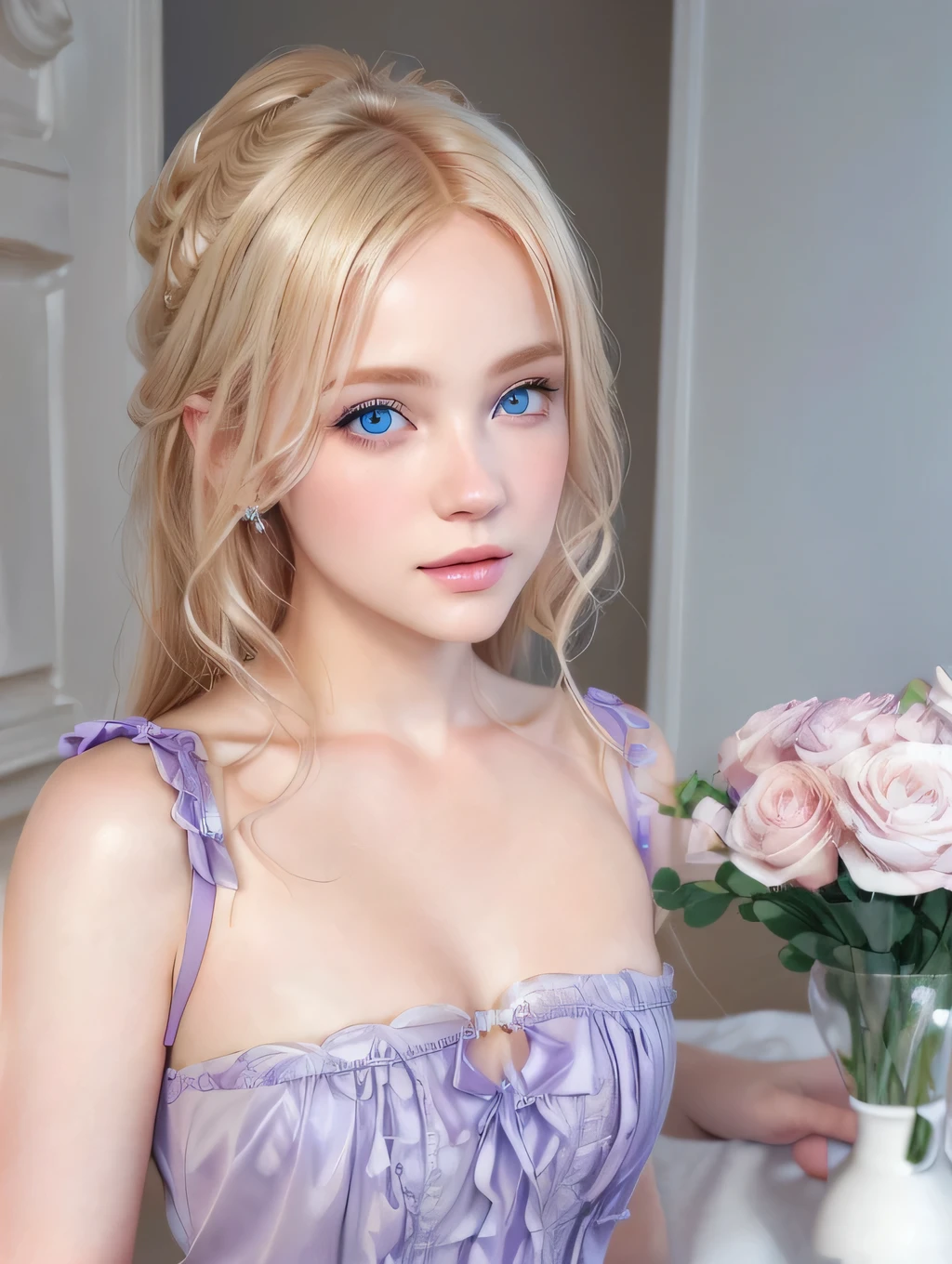 blond woman with blue eyes and a purple dress posing for a picture, in the art style of bowater, realistic artstyle, realism artstyle, 🤤 girl portrait, soft portrait shot 8 k, aesthetic portrait, kawaii realistic portrait, realistic style, 8k portrait render, render of april, realistic art style, photorealistic artstyle