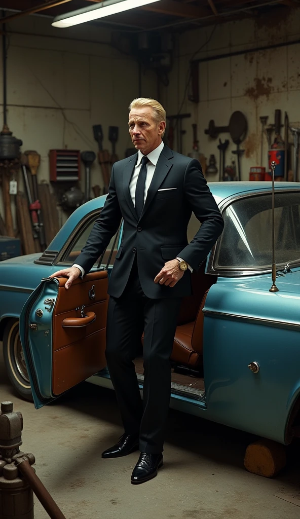 40's age, blonde buisnessman, tall, getting of his classic car, wearing black elegant suit, shiny gold watch, old and dirty garage, mechanic tools in garage