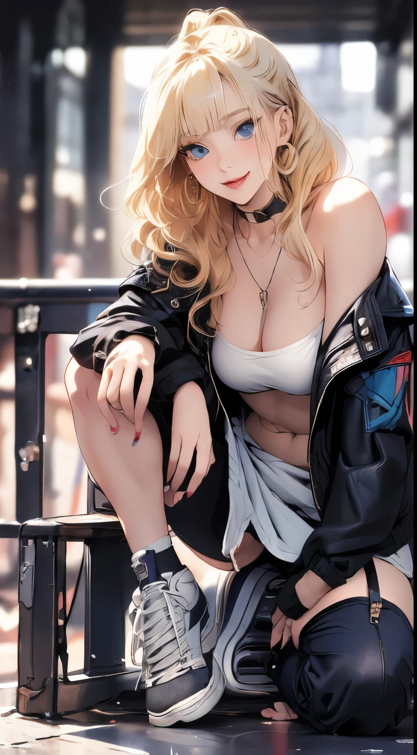 masterpiece, highest quality, pixiv, cooles Girl, topless, (((Close up POV full body portrait, sexy seductive slutty pose:1.2))), Lips in love, blonde hair, curly blonde hair ,pony tail, blunt bangs, straight bangs, blue eyes, White skin, Girl, improve,Look at the Beholder, smile,