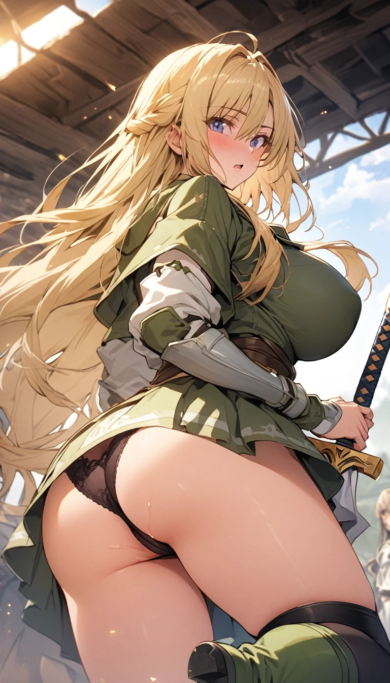 Ultra-high definition image quality、beautiful girl、Female Swordsman、Light Armor、Green Boots、Long Hair、blonde、20-year-old、have confidence々face、Very short tight skirt、Sexy stance、Cowgirl、wilderness、Highest quality,Big Ass、Big Breasts、Thighs、Grasping the hilt of the holy sword Excalibur、Black panties、Kick off with your feet and jump、Joan of Arc style clothing、Wind King Barrier、Her hair is fluttering in the wind、The Sword of Promised Victory、god々Wearing a bright aura、Big Ass、Valkyrie the War Maiden、Ass Super Close-up