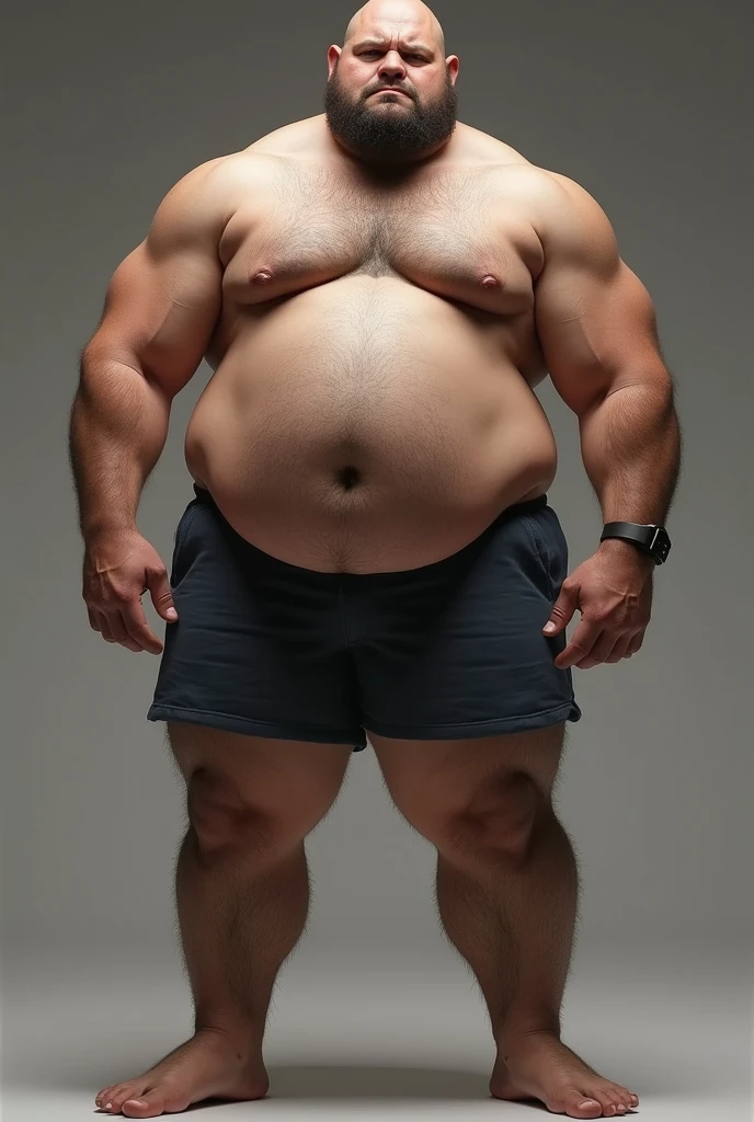 (photorealism:1.2), big ball belly muscle man, with big hairy legs and big bulge with pubic hair coming out of his tight shorts.