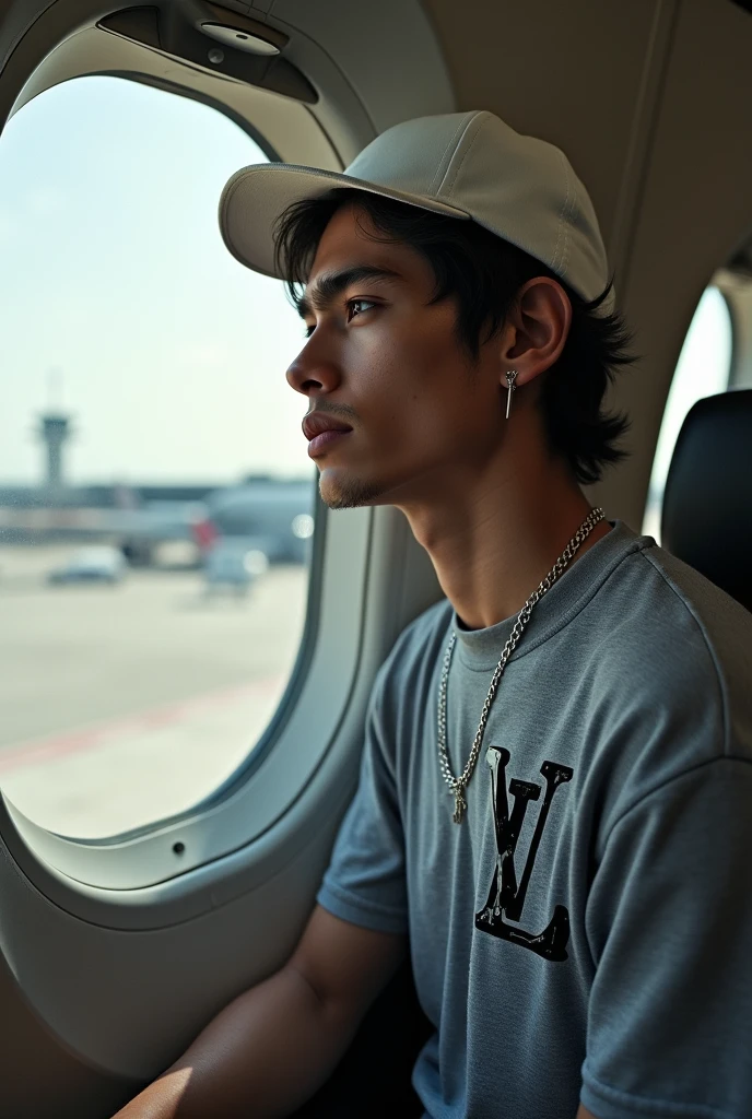 Create a realistic selfie of a young man looking out the window, with white cap, small silver chain, Louis Vuitton grey shirt, the brand with melted effect. The background is a window of an airplane that is at an airport.. The young man is looking away from the camera with his face turned away..