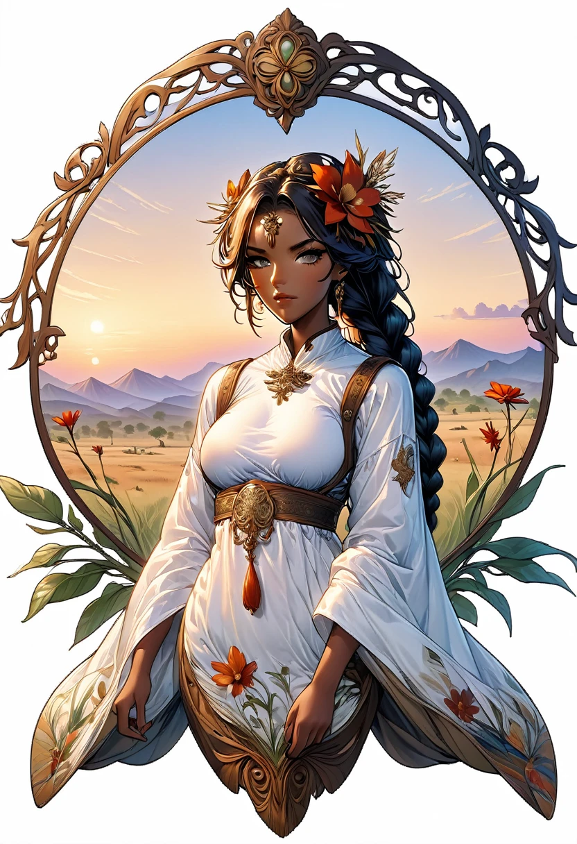 (((a freeform shaped sticker))), (((white background))),(((art nouveau ornamental frame illustrated MUST MANDATORY))), intricately detailed t-shirt design ready for print , 2d, illustration of African Savannah at sunset in the background. ONE HEAD nude big tits visible voluptuous lavish melanin Queen of Sheeba with black long braided hair in the foreground has flowers in her hair , lewd, large sagging tits, puffy nipples, thick thighs, dark skin, intricate rich extremely complex ornaments illustration, high detail, clean lines style, intricate high details,(((white background)))