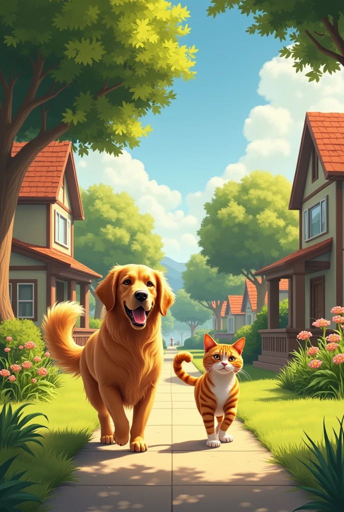 A peaceful suburban neighborhood with a HVgolden retriever named Max and a sleek tabby cat named Bella.