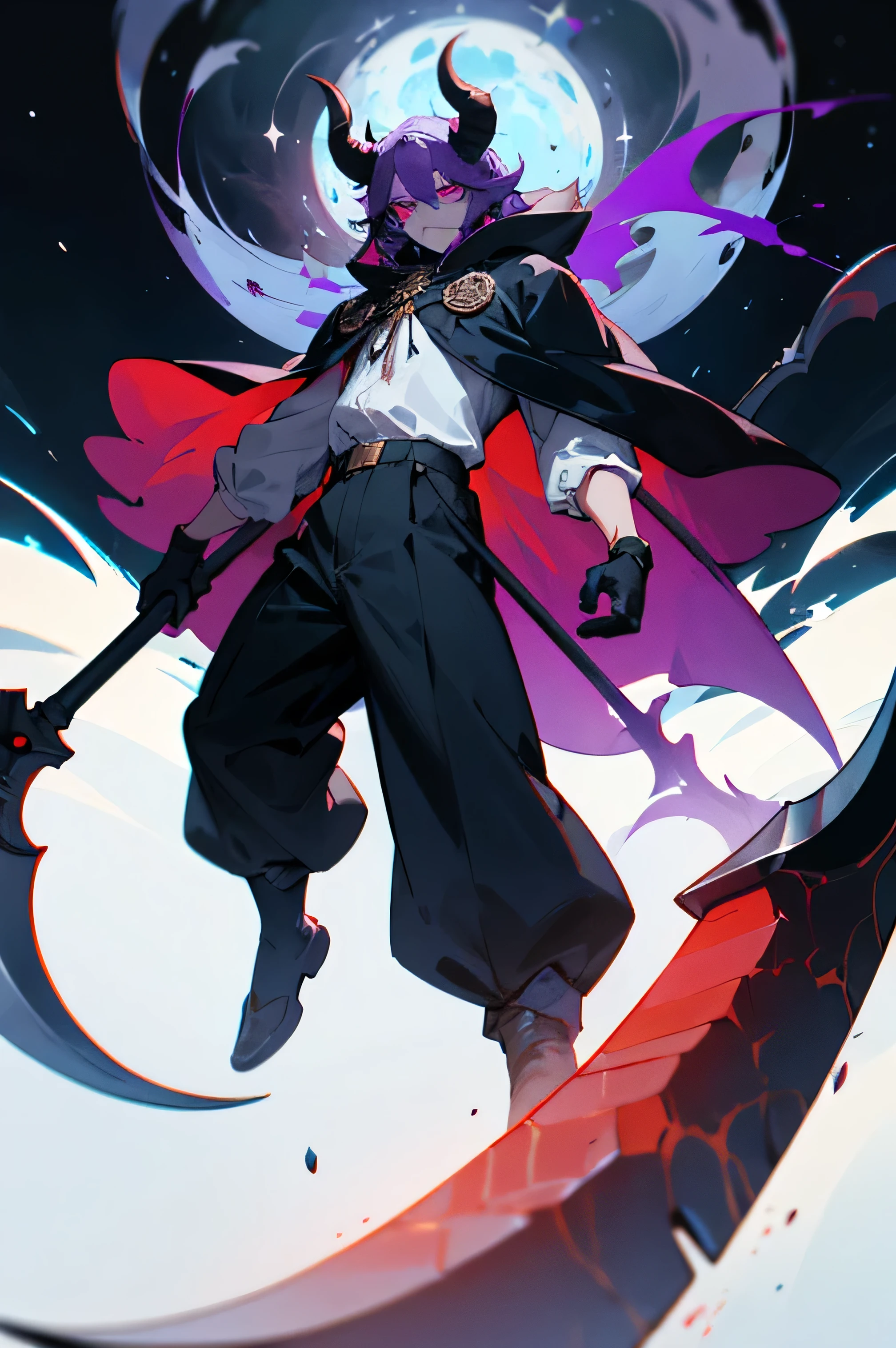 Create a white furry demon wearing baggy black pants with a black cosmic cape, purple and red hooded cloak and white 18th century shirt and turn him into a cosmic god of death with a scythe