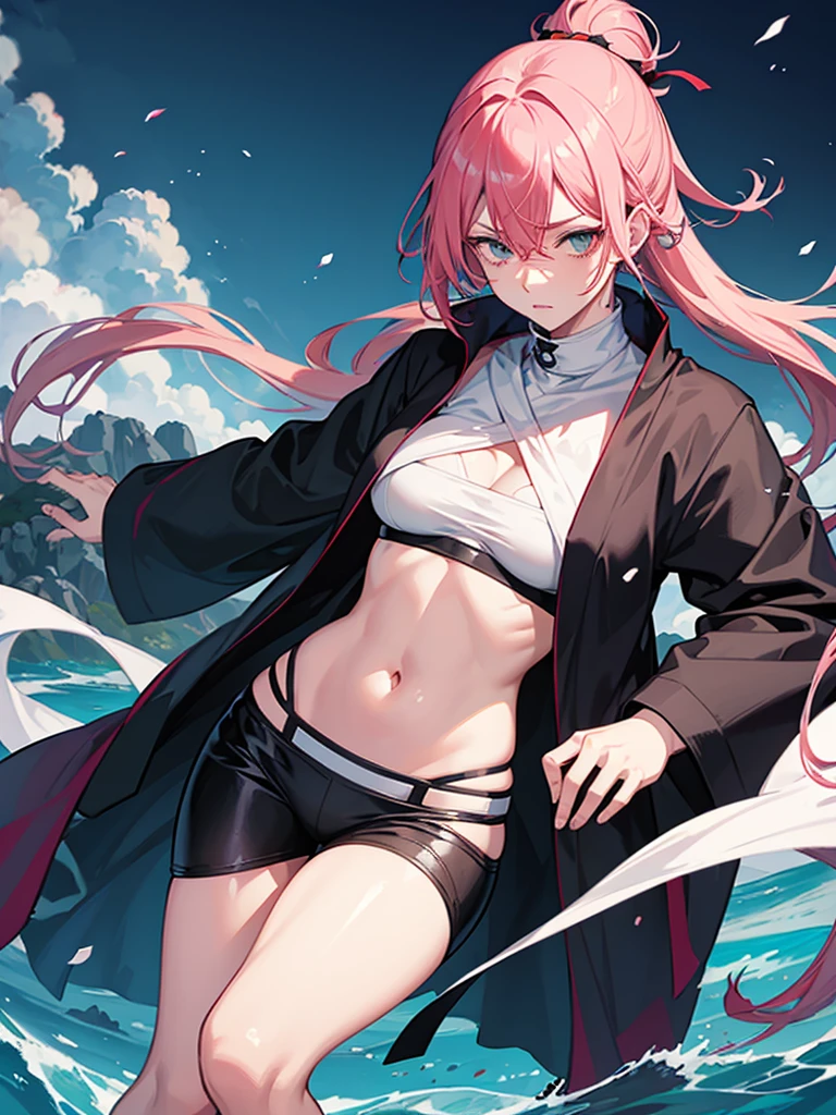 upperbody closeup,sportrait,little breast,Fashionab,Handsome,beijing,15 year old woman,cleavage,A pink-haired,Off-the-shoulder attire,white straitjacket,ponds,Lunette de soleil