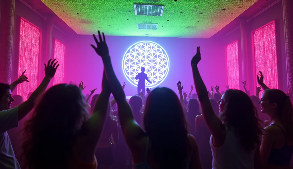 Image of a dancing audience from behind, jumping and raising arms in front of a DJ on stage in a very small bar with a dark purple lighting ambiance. A very large luminous flower of life in the center. Psychedelic pink and neon green string art on the walls. A fluorescent green lycra fabric with holes on the ceiling.