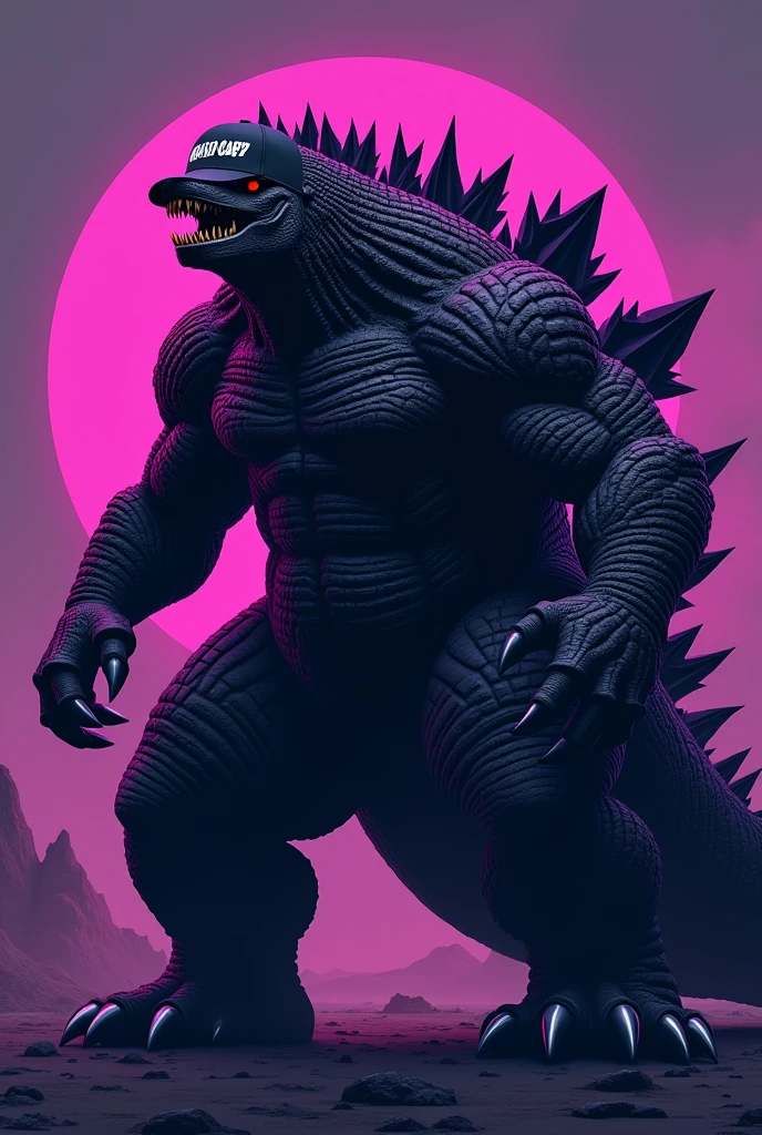 an image for a company logo that sells caps , that it be a threatening and ferocious black and purple gojira with a cap, The company name is Gojiraz Capz . 