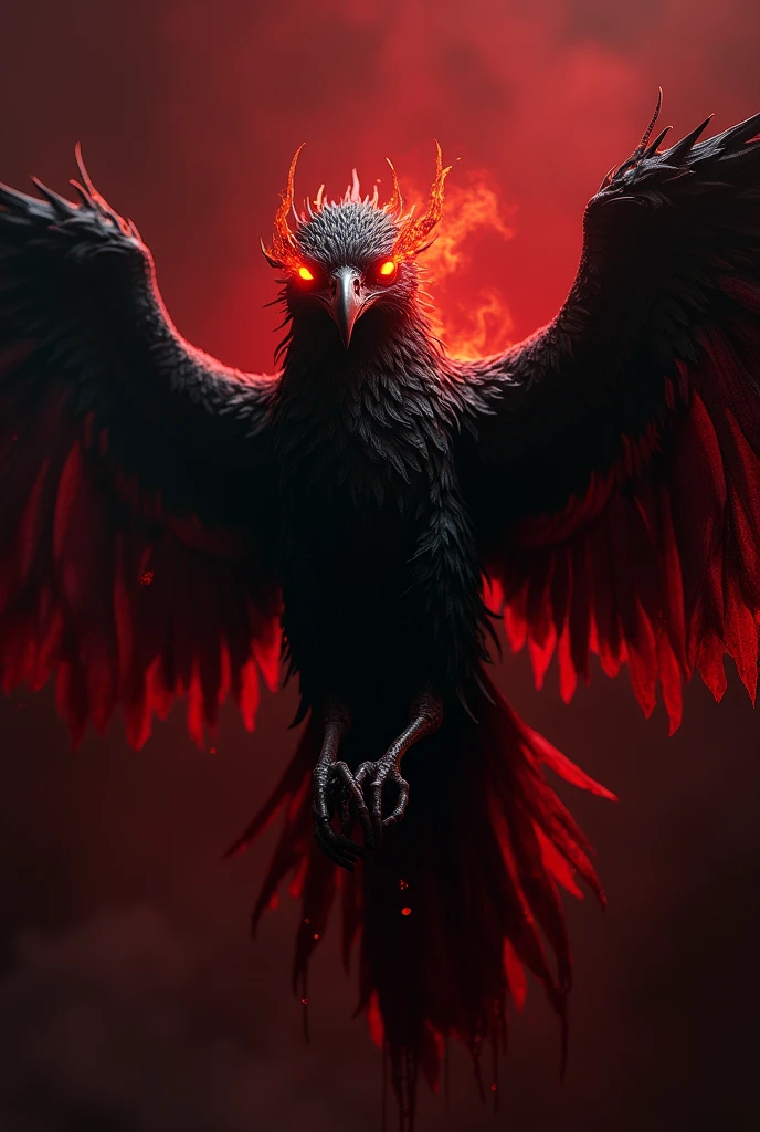 macabre bird, with flaming eyes, (reddish black background), bloody wings 