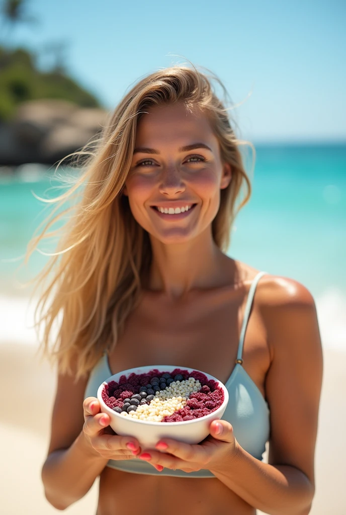 Woman aged 25 to 35, On the beach blonde hair brown eyes eating acai , ultra HD, high qualiy, best qualityer, high resolution, 8k, 16K