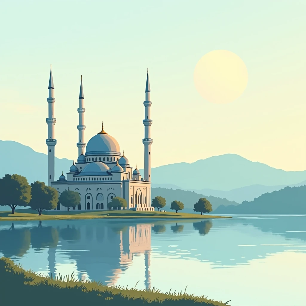concept art of mosque , flat colors,sketch, in the middle of lake