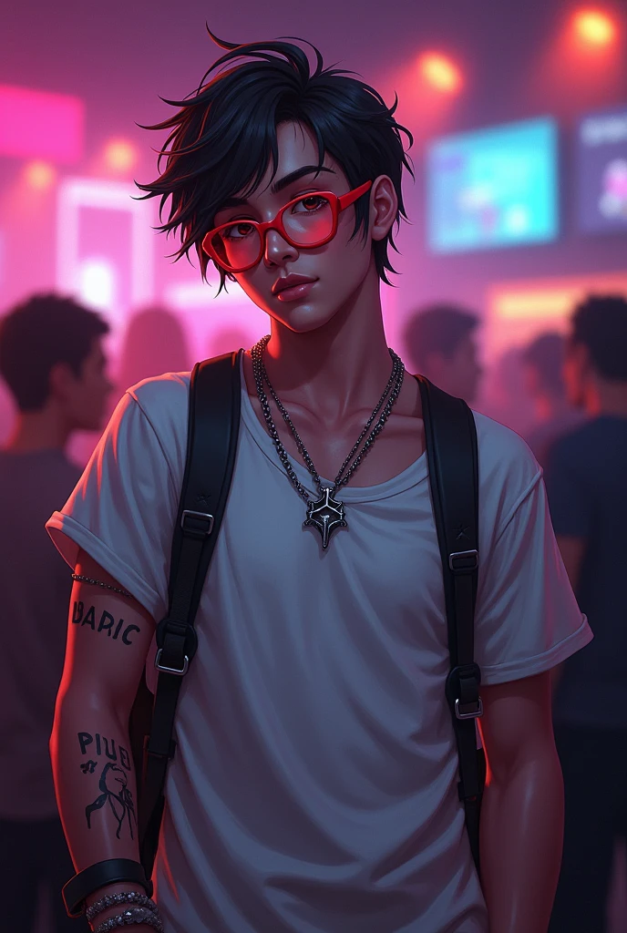 A REBEL HANDY MAN WITH SHORT HAIR,WEARING RED GLASSES AND WEARING WHITE T-SHIRT,wearing a silver necklace,in a night club
