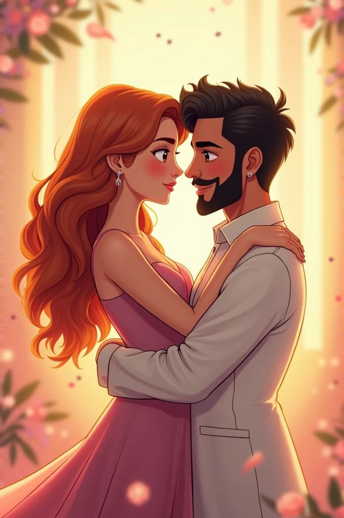 White girl, long and wavy hair, ginger hair, doe brown eyes, pink makeup, cute outfit 
An Arab man, mid-sized hair, curly black hair, big nose, with a mustach and goatee beard 
They are hugging each other 
Anime style 