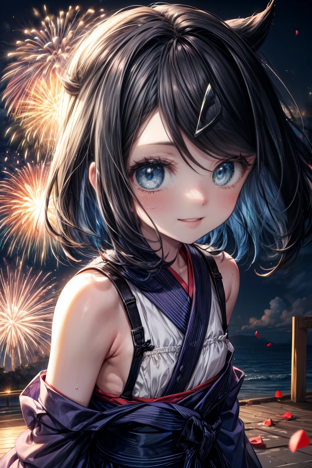 (nsfw), (masterpiece, Highest quality, 8K ultra-high resolution:1.4), yo, kawaii, Pokemon Riko, (A colorful navy blue yukata, Mizuro frilled bra, night: 1.4), (Summer festival), ((turn around)), Beautiful Eyes,Flash photography, Backlight, ((Close-up of face:1.4)), (The best smile of my lover:1.4), ((((Smile brightly)))), (Show your palm to the camera), (Beckon), Written boundary depth, Dramatic portrayal, (Colorful fireworks background), Focus of the film, , Emotional composition, Emotional engine full throttle BREAK Young and cute, Slender body, Flat Chest, Highly detailed glossy skin,Sweat, 完璧なPokemon Riko
, Wind, detailed in the Wind, petals dancing in the Wind
BREAK
ultra detailed crystal eyes, Eyes like shining jewels