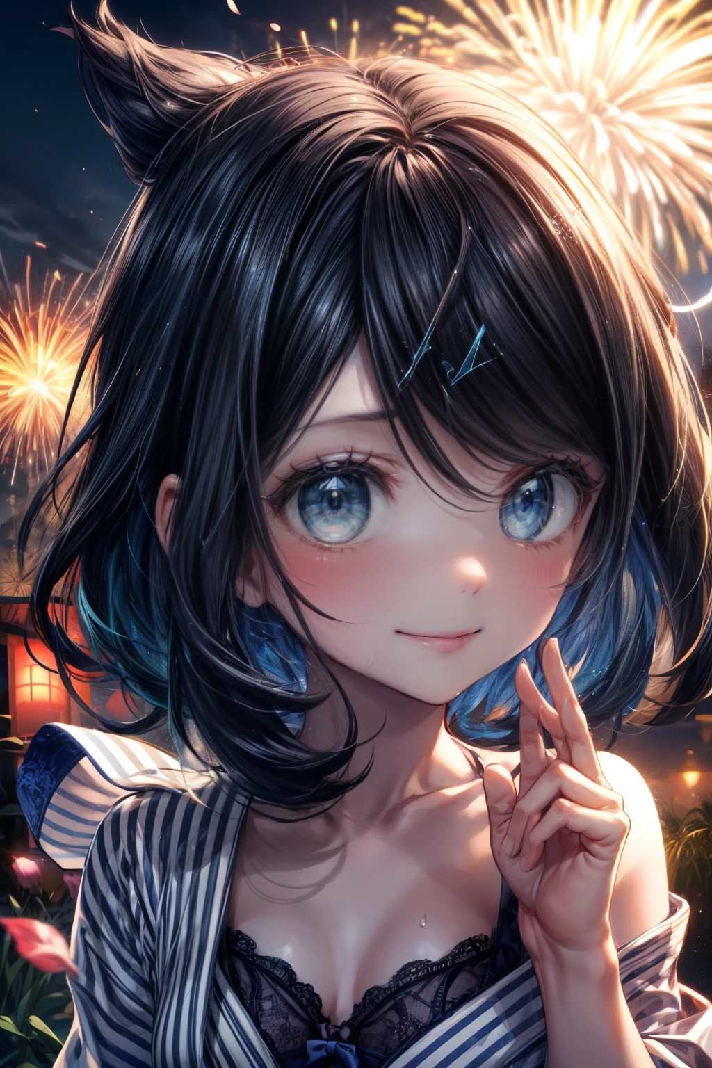 (nsfw), (masterpiece, Highest quality, 8K ultra-high resolution:1.4), 14yo, kawaii, Pokemon Riko, (A colorful navy blue yukata, Mizuro frilled bra, night: 1.4), (Summer festival), ((turn around)), Beautiful Eyes,Flash photography, Backlight,  ((Close-up of face:1.4)), (The best smile of my lover:1.4), ((((Smile brightly)))), (Show your palm to the camera), (Beckon), Written boundary depth, Dramatic portrayal, (Colorful fireworks background), Focus of the film, , Emotional composition, Emotional engine full throttle BREAK Young and cute, Slender body, Flat Chest, Highly detailed glossy skin,Sweat,  完璧なPokemon Riko
, Wind, detailed in the Wind, petals dancing in the Wind
BREAK
ultra detailed crystal eyes, Eyes like shining jewels