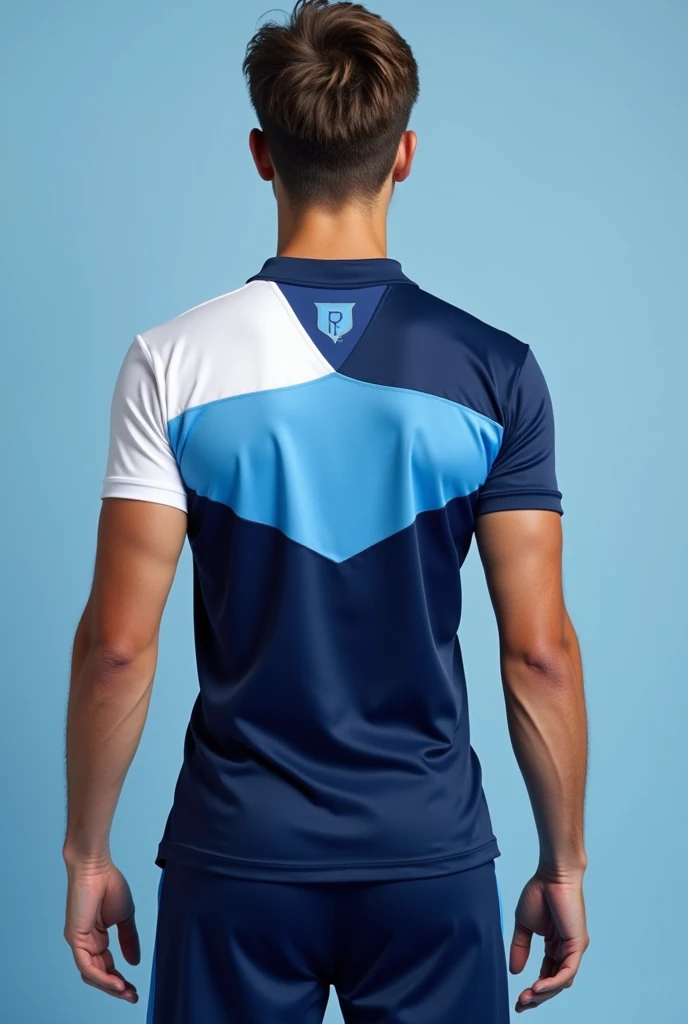 male cheerleading uniform colors: Navy blue, light blue and white shirt: short sleeve, hombros Navy blue 
pecho blanco y azul claro en los costados

pantalón: semi holgado Navy blue 