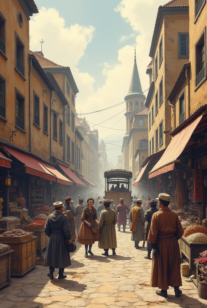 Create a simple drawing about trade in the 19th century