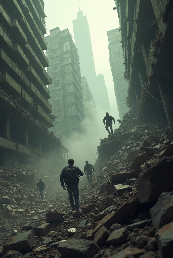 People sliding down collapsed buildings in apocalyptic POS world