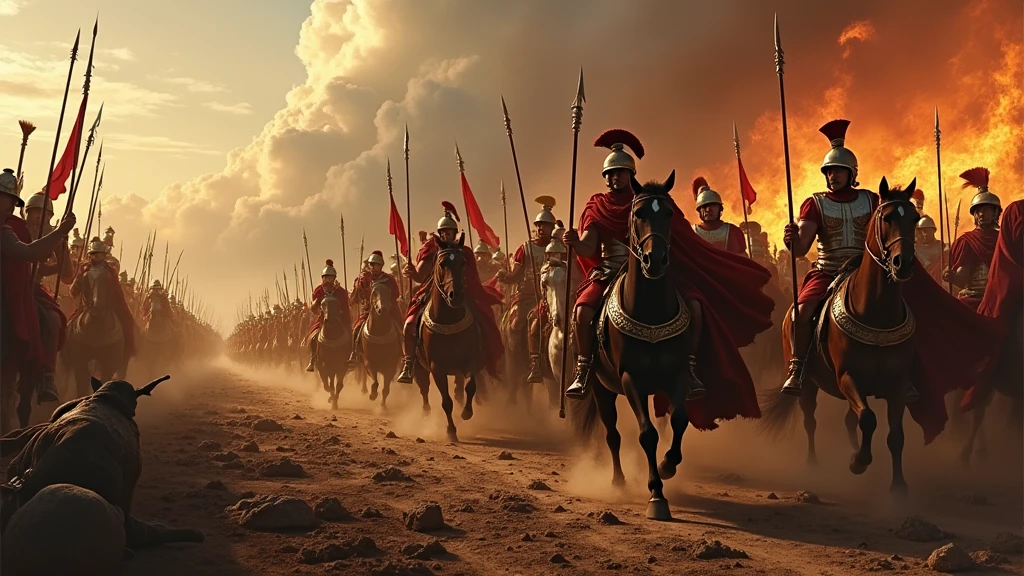 ( photographie ; ultra-réaliste ; ultra-détailé ) Armée de thrace dans la grèce antique portant des armures dorées reflétant la lumière, des tissus noirs, munie de leurs lances d'argents et leurs bouclier dorés, ils chargent vers les ennemies à pied ou à cheval, sur un champ de bataille apocalyptique dévasté, jonché de cadavres. En arrière plan on aperçoit la ville de Troies en feu. Il est écrit "Thrace" dans le ciel en lettre gothique