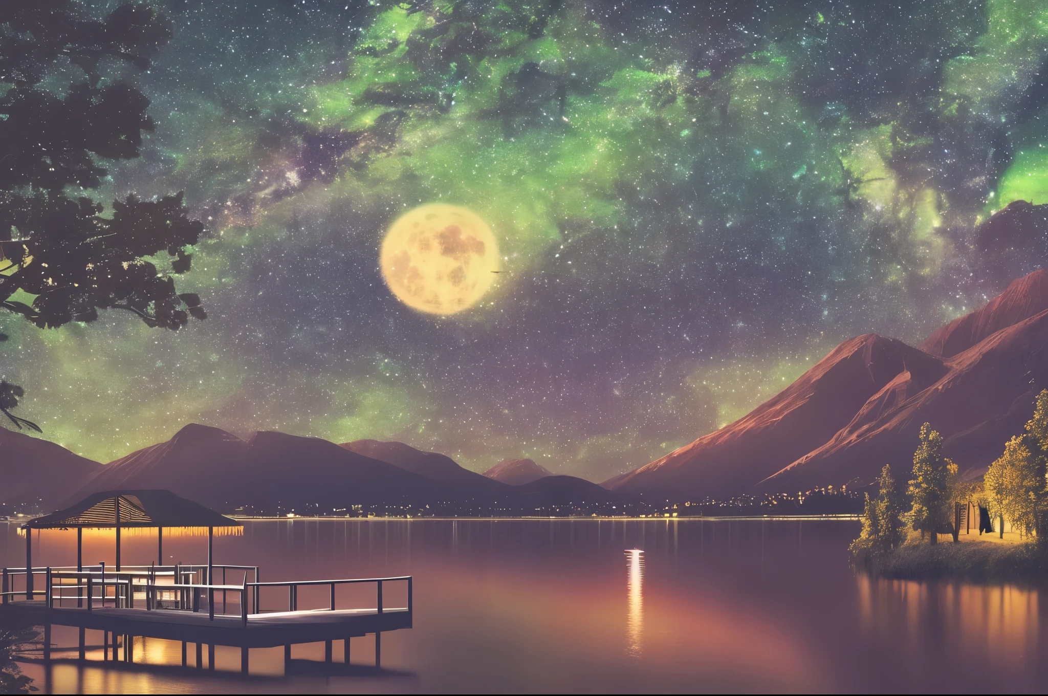 Extremely detailed scene, evening, countryside, lakeside, summertime, nighttime, silhouette of a couple sitting on a dock overlooking a lake, full moon, stars, meteor, northern lights, trees and mountains in the distance, detailed cinematic,
