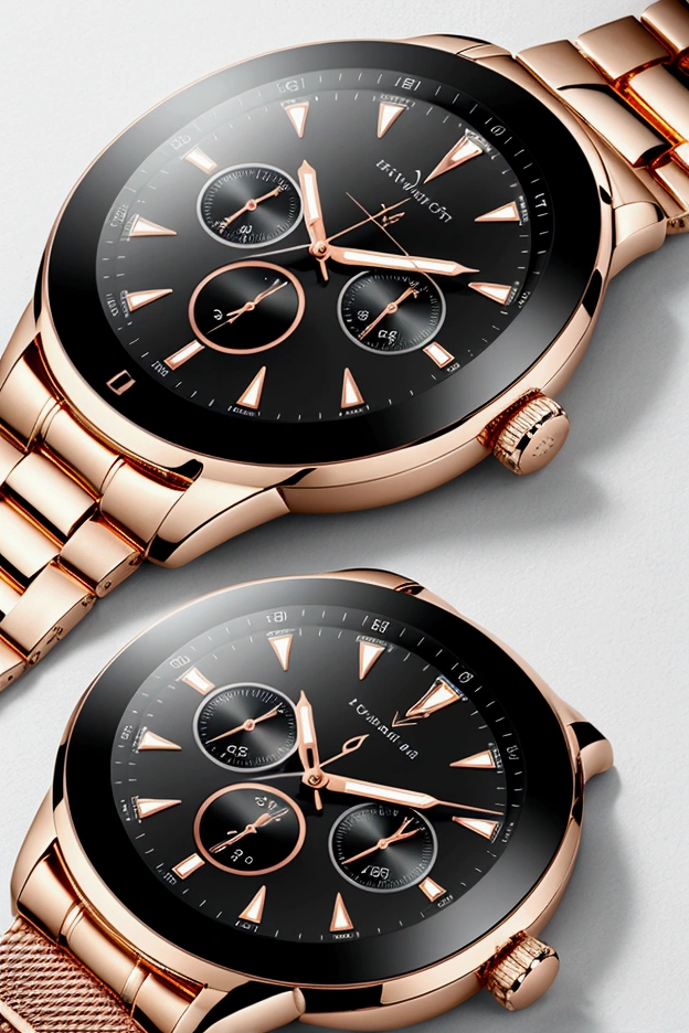 Create an image that highlights a sophisticated and innovative digital smartwatch with LED display, designed to convey luxury and technology. The design of the watch should be the main focus, with gold or silver finishes and an LED interface that displays advanced features clearly and professionally. The smartwatch must have a modern and versatile look, suitable for both the gym and a night out, with elements that suggest durability and style. The brand logo "EleganceTech" must be prominently incorporated, evoking a sense of vanity and exclusivity. The background should be minimalist and elegant, reinforcing the emphasis on the clock and logo. The image must convey luxury, innovation and professionalism, ideal for your brand's Instagram profile picture. Incorporate elements of the sexy canvas, as a touch of subtle sensuality and visual appeal that arouses desire and admiration, without compromising elegance and professionalism.