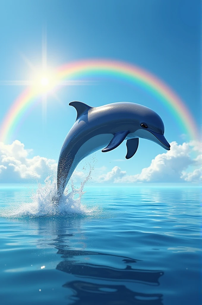 Dolphin coming out of the water and a rainbow over the water